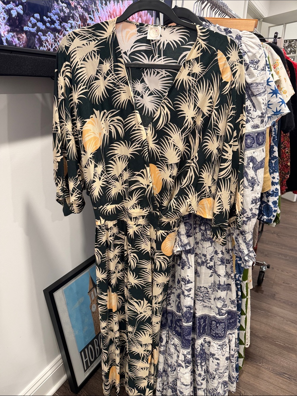 Women’s Green Palm-Print Wrap Dress with Yellow Accents